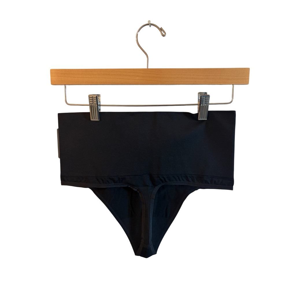 Essentials by Tummy Tank Nylon Seamless Thong Black High Waist Shapewear S/M - Picture 2 of 4